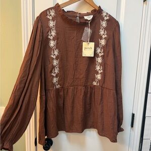 Blu Pepper Brown Blouse with Floral Embroidery